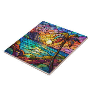 tropical rocky beach stained glass art tile