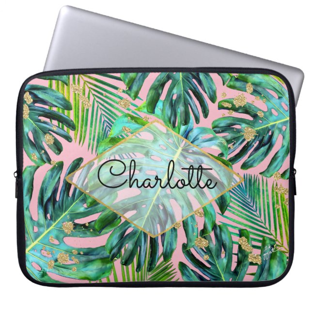 Tropical Rose Gold Glitter Palm Leaf Pattern Laptop Sleeve (Front)