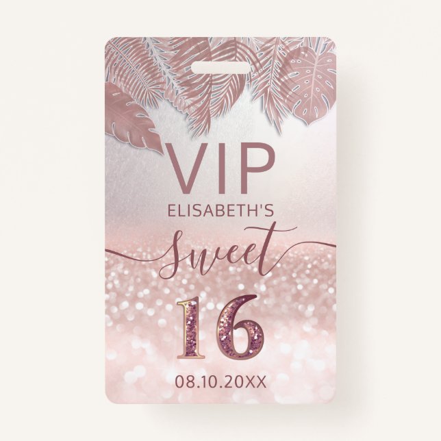 Tropical Rose gold glitter script Sweet 16 VIP Badge (Front)