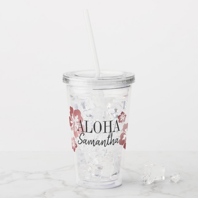 Tropical Rose Gold Hibiscus Bridesmaid Name Acrylic Tumbler (Front Ice)