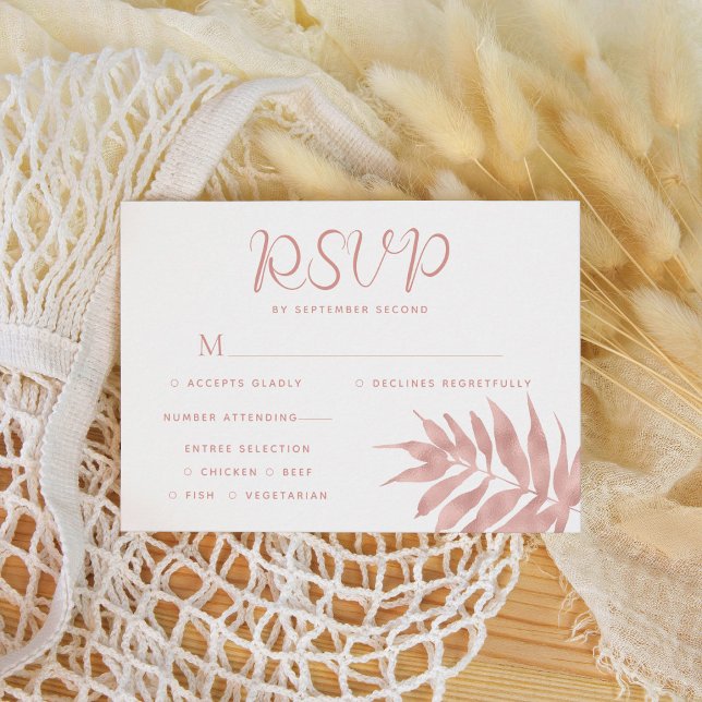 Tropical Rose Gold Leaf Modern White Wedding RSVP Card (Creator Uploaded)