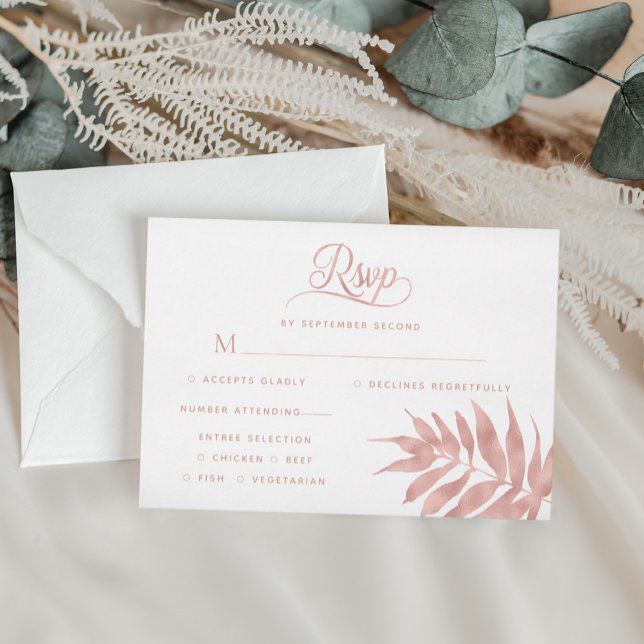 Tropical Rose Gold Leaf Modern White Wedding RSVP Card (Creator Uploaded)