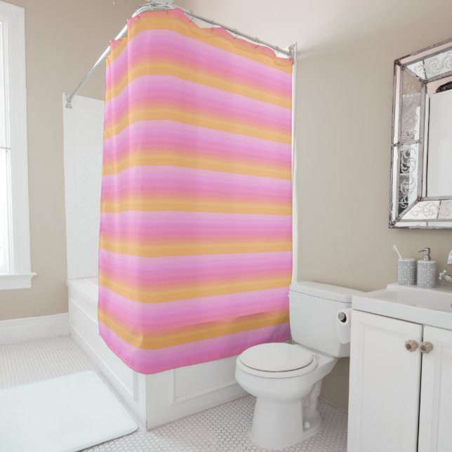 Tropical Rose Orange Sunset Stripes Douche Rideau (En situation)