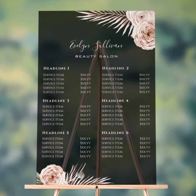 Tropical Roses Transparent Black Price List Acrylic Sign (Neutral)