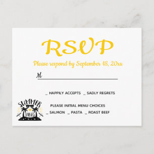 Tropical RSVP Yellow Gold Wedding Summer Palm Tree Invitation Postcard