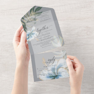Tropical Rustic  Dusty Blue Floral Wedding All In One Invitation