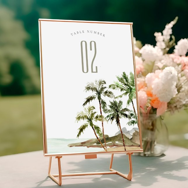 Tropical Rustic Palm Trees Beach Sand Wedding Table Number (Creator Uploaded)