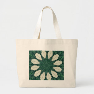 Tropical Sacramento Green and Silver Leaf Mandala. Large Tote Bag