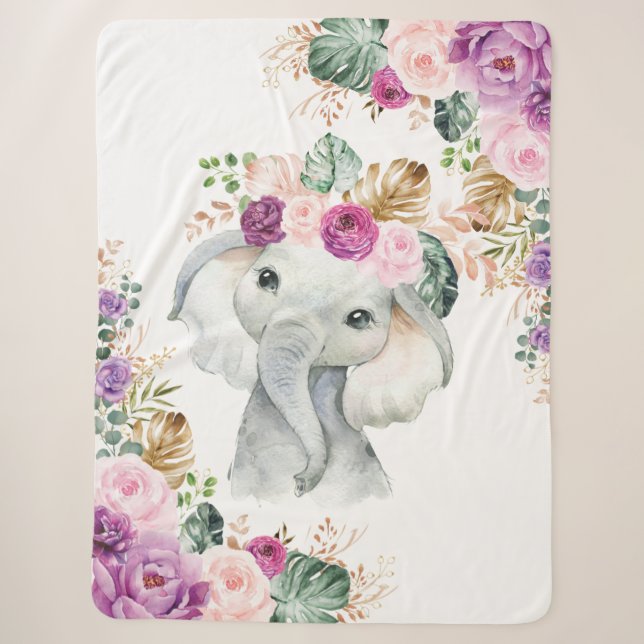 Tropical Safari Elephant Blush Violet Floral Sherpa Blanket (Front)