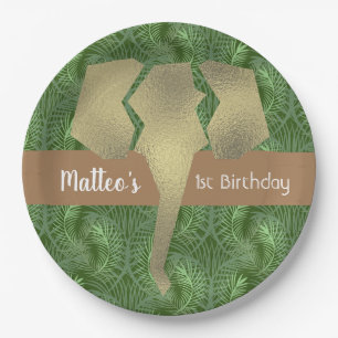 Tropical Safari Elephant Faux Gold Greenery Paper Plate