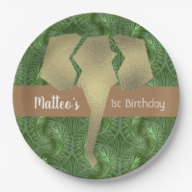 Tropical Safari Elephant Faux Gold Greenery Paper Plate (Front)