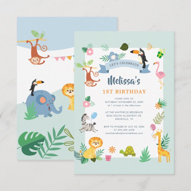 Tropical Safari Jungle Animals 1st Birthday Party Invitation (Front/Back)