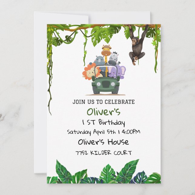 Tropical Safari Jungle Animals Birthday Invitation (Front)