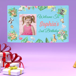 Tropical Safari Jungle Animals Kids  Birthday Banner