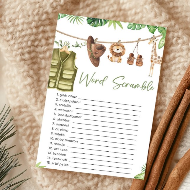 Tropical Safari Jungle Animals Word Scramble Game (Clothesline Safari Baby Shower Word Scramble Game)