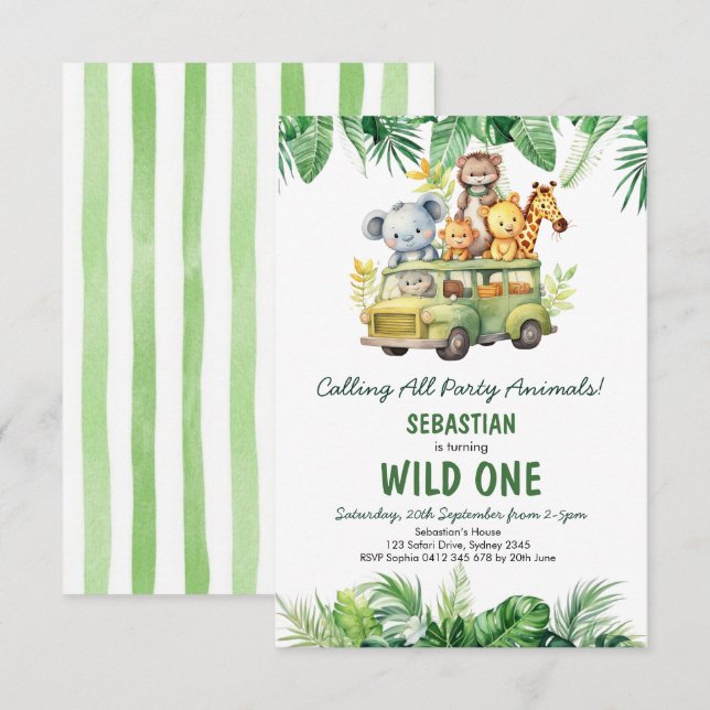 Tropical Safari Wild One Jungle Animals Birthday Invitation (Front/Back)