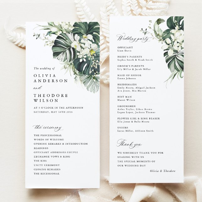 Tropical Sage Green Monstera Wedding Ceremony Program (Tropical wedding ceremony program, monstera orchid wedding stationery, destination wedding program)