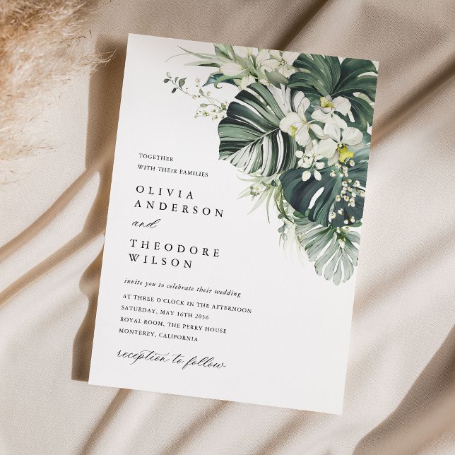Tropical Sage Green Monstera Wedding Invitation (Tropical wedding invitation sage green monstera floral card destination wedding stationery)