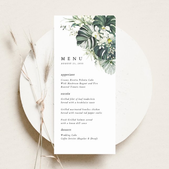 Tropical Sage Green Monstera Wedding Reception Menu (Sage Green Tropical Wedding Menu Card, Monstera Orchid Reception Table Menu, Destination Beach Menu)
