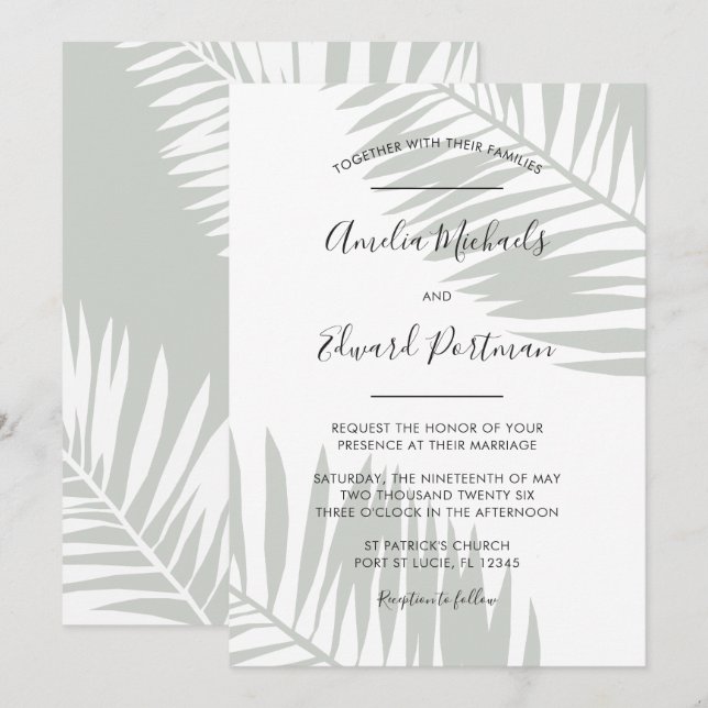 Tropical Sage Green Palm Leaves Wedding Invitation (Front/Back)