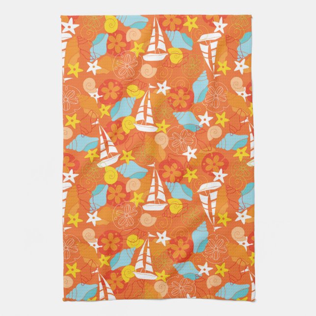 Tropical Sailboat Pattern Kitchen Towel (Vertical)