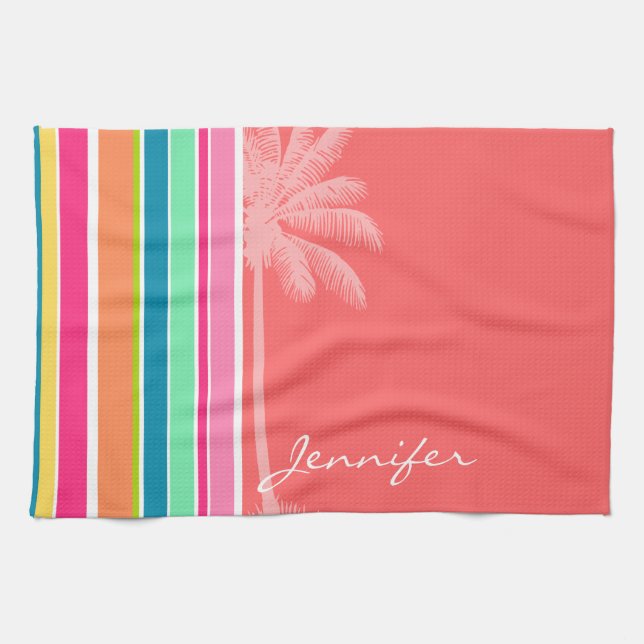 Tropical Salmon Pink & Seafoam Green Kitchen Towel (Horizontal)