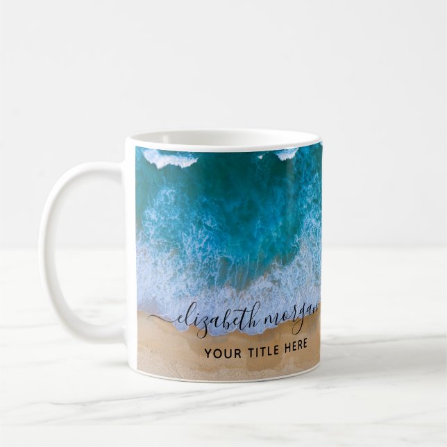 Tropical Sand and Beach Ocean Waves Name  Coffee Mug (Left)