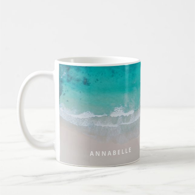 Tropical sand beach ocean personalized modern coffee mug (Left)
