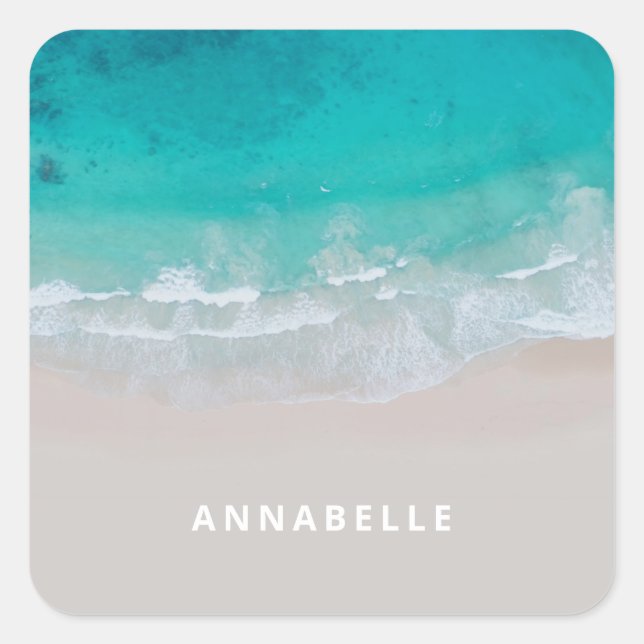 tropical sand beach ocean sunny waves modern  square sticker (Front)