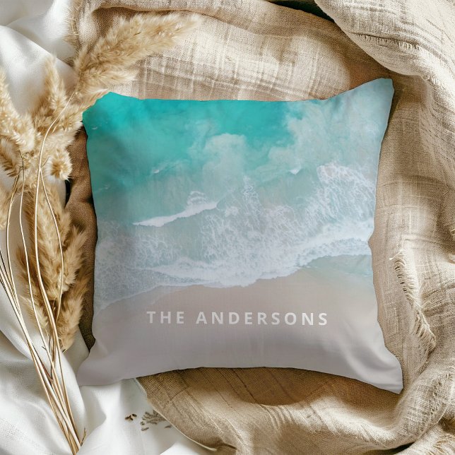 tropical sand beach ocean sunny waves modern throw pillow (Creator Uploaded)