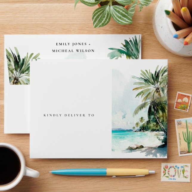 Tropical Sand Beach Watercolor Palm Trees Wedding Envelope (Desk)