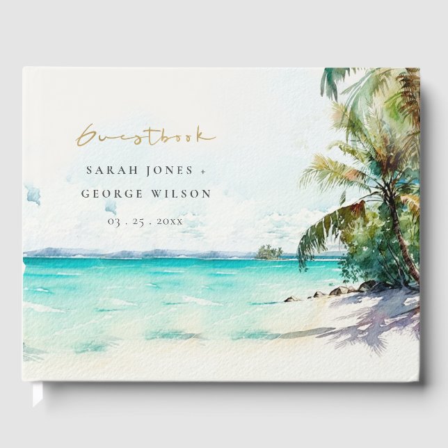 Tropical Sand Beach Watercolor Palm Trees Wedding Guest Book (Front)