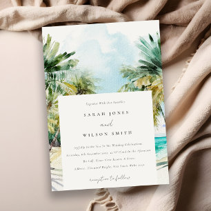 Tropical Sand Beach Watercolor Palm Trees Wedding Invitation