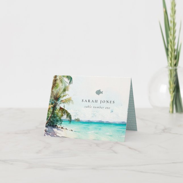 Tropical Sand Palm Trees Wedding Place Card Fish (Front)
