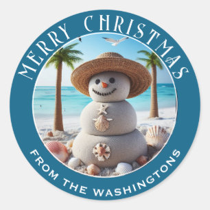 Tropical Sand Snowman Personalized Christmas Classic Round Sticker