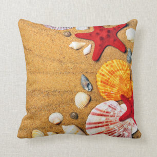 Tropical Sandy Beach Seashells Starfish Throw Pillow