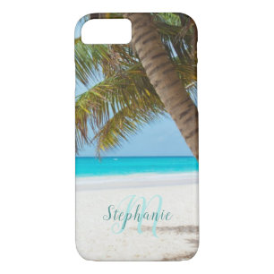 Tropical Sandy Beach Turquoise Monogram Palm Tree Case-Mate iPhone Case
