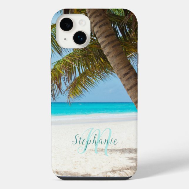 Tropical Sandy Beach Turquoise Monogram Palm Tree iPhone Case (Back)