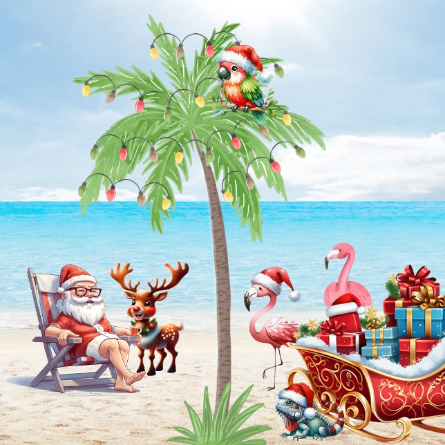 Tropical Santa & Rudolf Beach Christmas Party Throw Pillow (Creator Uploaded)