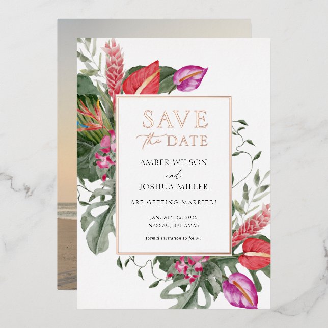 Tropical Save the Date avec Photo Foil Invitation (Recto/Verso)