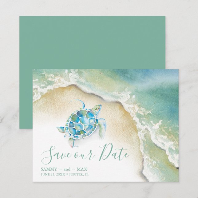 Tropical Save the Date avec Tortue de Mer à l'aqua (Devant / Derrière)