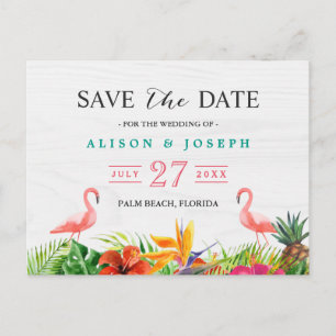 Tropical Save The Date   Hibiscus Floral Flamingo Announcement Postcard