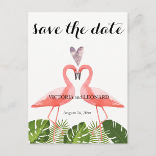 Tropical save the date pink flamingos postcard