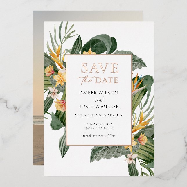 Tropical Save the Date with Photo Foil Invitation (Front/Back)