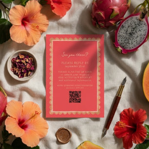 Tropical Scallop Border Pink QR Wedding RSVP Card