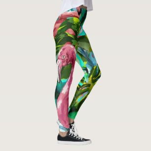 Tropical Scene Green Palm Leaves Pink Flamingos Le Leggings