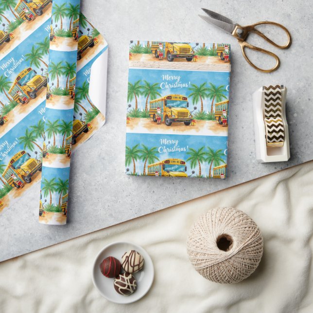 Tropical School Bus Christmas with Santa  Wrapping Paper (Crafts)