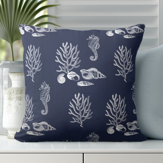 Tropical Sea Horse Shell Navy Blue White Throw Pillow (Discover Gorgeous Coastal Throw Pillows by Totally Coast.)