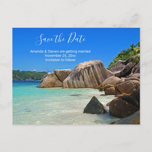 Tropical Sea Rocky Coast Wedding Save the Date Invitation Postcard (Front)