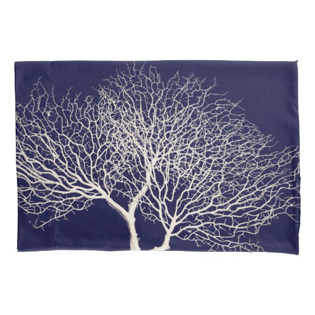 Tropical Sea Tree Coral White Navy Blue Beach Pillowcase (Front-Left)
